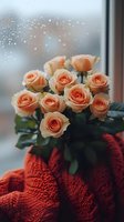 Delicate peach roses in bouquet against rainy window with water drops, wrapped in cozy red knitted sweater. Moody romantic atmosphere for greeting cards and social media.
