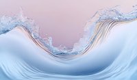 Dynamic ocean wave with crystalline water splash and smooth curves against soft pink sky, capturing fluid motion and natural power in minimalist style.