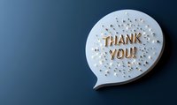 White speech bubble with golden "Thank you" text and decorative dots on dark blue background, modern minimal style appreciation message design.