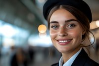Young Caucasian woman with freckles wearing black hat and business attire smiling warmly at camera. Natural bokeh background creates professional atmosphere.