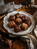 Assorted luxury chocolate pralines and truffles with striped decoration on vintage porcelain plate. Dark moody food photography with natural lighting.