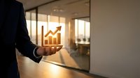 Businessman holding glowing growth chart icon in modern office environment, representing financial success, business analytics, and upward market trends for corporate strategy.