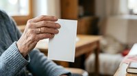 Senior man with weathered hands holding blank white card indoors, wearing casual sweater. Suitable for greeting cards, invitations, announcements, and communication concepts.
