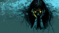 Dark horror portrait of mysterious figure with glowing yellow eyes and long black hair against textured blue background for Halloween designs.