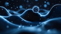 Microscopic virus cell floating in dark blue waves with glowing particles and bokeh effect, scientific medical research concept background.