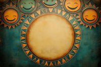 Cheerful sun faces surround vintage circular frame on textured teal background with tribal geometric pattern, creating whimsical celestial artwork for wall decor.