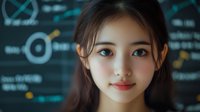 Young Asian woman with gentle smile against digital technology background with data visualization and financial charts in blue tones.