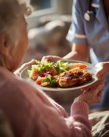 Healthcare worker serving nutritious meal to elderly woman in nursing home, showcasing senior care and assisted living services.