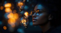 Young African American woman in glasses gazes thoughtfully at glowing light bulbs floating against dark background with golden bokeh lights creating magical atmosphere.