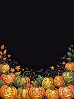 Autumn harvest border with carved jack-o-lantern pumpkins, fall foliage, stars, and bats on black background. Isolated design element for Halloween invitations, greeting cards, and seasonal marketing materials.