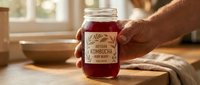 Elderly hands holding homemade kombucha jar with vintage label on wooden kitchen counter. Fermented probiotic drink for healthy lifestyle and wellness.