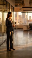 Professional woman in dark business suit standing in modern office hallway with floor-to-ceiling windows overlooking city skyline at sunset, suitable for corporate leadership and business concepts.