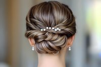 Elegant twisted updo hairstyle adorned with pearl pins, showcasing intricate braiding and smooth styling from back view, suitable for bridal and special occasions.