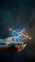 Hands holding glowing neon compass with cardinal directions, symbolizing navigation, guidance, and direction for business, travel, and decision-making concepts.