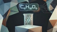 Glucose molecular formula with chemical structure in test tube on geometric background for science education and medical research presentations.