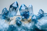 Blue crystal quartz cluster formation with natural mineral deposits and sparkly inclusions, macro photography showing detailed crystalline structure and light refraction.