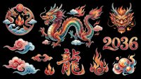 Colorful Asian dragon and phoenix mythical creatures with flames and clouds isolated on transparent background, ready for t-shirt design, stickers, sublimation, print-on-demand products and clipart.