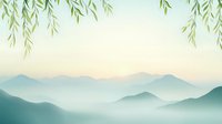 Tranquil mountain landscape with misty peaks in soft teal tones, framed by delicate willow branches hanging from above, creating serene oriental atmosphere.