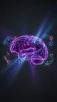 Glowing purple brain with colorful digital icons and light rays on dark background representing artificial intelligence and neural networks.