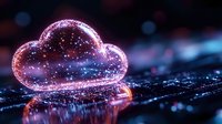 Glowing pink cloud shape with sparkles on dark digital surface, reflecting technology network lines. Modern cloud computing concept for data storage.