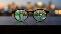Eyeglasses with digital circuit board reflection in lenses showing technology vision concept against blurred city lights background at dusk.
