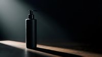 Black cosmetic pump bottle on wooden surface with dramatic lighting, suitable for skincare, lotion, serum, and beauty product packaging mockups.