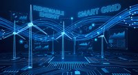 Smart grid renewable energy technology with wind turbines and digital data visualization on blue futuristic background for sustainable power solutions.