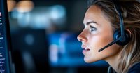Young Caucasian female customer service representative wearing headset while working at computer in dark office environment with blue monitor glow illuminating her face.