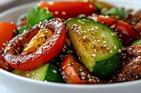 Fresh stir-fried vegetables with sesame seeds in white bowl. Colorful mix of zucchini, bell peppers, and cherry tomatoes glazed with Asian sauce.