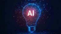 Glowing light bulb with AI text inside surrounded by digital network connections and particles on dark background, symbolizing artificial intelligence innovation.