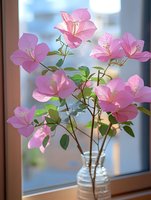 Pink bougainvillea flowers in glass vase by window, fresh blooms with green foliage, natural daylight indoor floral arrangement for home decor and botanical styling.