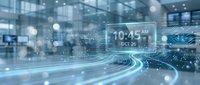 Futuristic digital interface with glowing time display and circuit patterns in modern office environment with bokeh lighting effects.