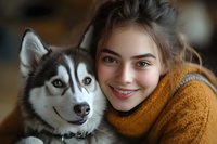 Young caucasian woman in mustard yellow sweater hugging Siberian husky dog. Close up portrait showing genuine happiness and connection between pet owner and furry friend.