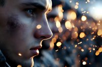 Side profile of young man with dramatic lighting and golden bokeh sparkles in background creating atmospheric mood for emotional storytelling and advertising.