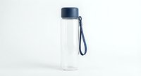 Clear plastic water bottle with dark blue cap and carrying strap isolated on white background for healthy lifestyle and hydration concepts.