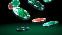 Casino chips floating in dark space with dramatic lighting, green and red gaming tokens against black background with reflective surfaces and soft shadows.