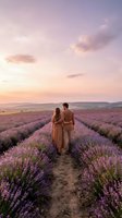 Couple walking through blooming lavender field at sunset, holding hands on dirt path with rolling hills and purple sky in background for romantic travel and lifestyle content.