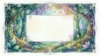 Enchanted forest frame with mystical foliage, magical plants and ethereal lighting creating whimsical border for text or design elements on cream background.