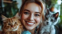 Young woman with bright smile holding orange tabby cat and gray cat against green plant background. Pet owner enjoying time with domestic animals.
