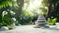Balanced stone pyramid in zen garden with morning dew drops, green ferns and soft bokeh lights creating peaceful meditation atmosphere in nature setting.