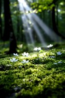 Sunbeams pierce through forest canopy illuminating delicate white wildflowers growing on moss covered ground, creating magical woodland atmosphere in spring morning.