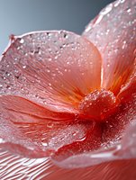 Macro shot of coral flower petals with water drops creating fresh morning dew effect. Soft focus highlights delicate texture and natural patterns in living coral shade.
