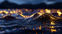 Glowing waves with golden bokeh lights creating magical abstract landscape at night, dark blue water surface with sparkling reflections and blurred city lights.