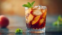 Refreshing peach iced tea cocktail garnished with fresh mint leaves and ice cubes in crystal glass. Vibrant drink with sliced peaches against blurred background.