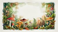 Watercolor autumn forest frame with mushrooms, ferns and colorful foliage creating decorative border on white background for seasonal design projects.