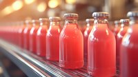 Glass bottles filled with vibrant red juice or smoothie on production line conveyor belt, selective focus with soft bokeh background lighting creates industrial atmosphere.
