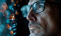 Senior Caucasian man in glasses illuminated by blue and orange bokeh lights, side profile close-up showing contemplative expression and greying beard.