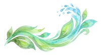 Watercolor flowing wave with green leaves and blue water droplets on white background isolated for eco-friendly design projects and natural branding materials.