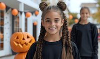 Young girl with braided hair buns and long braids smiling during Halloween celebration, wearing black outfit with orange pumpkin decorations and festive lights in background.