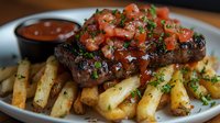Grilled beef steak topped with fresh tomato salsa and barbecue sauce, served with golden roasted potato wedges and fresh herbs on white plate.